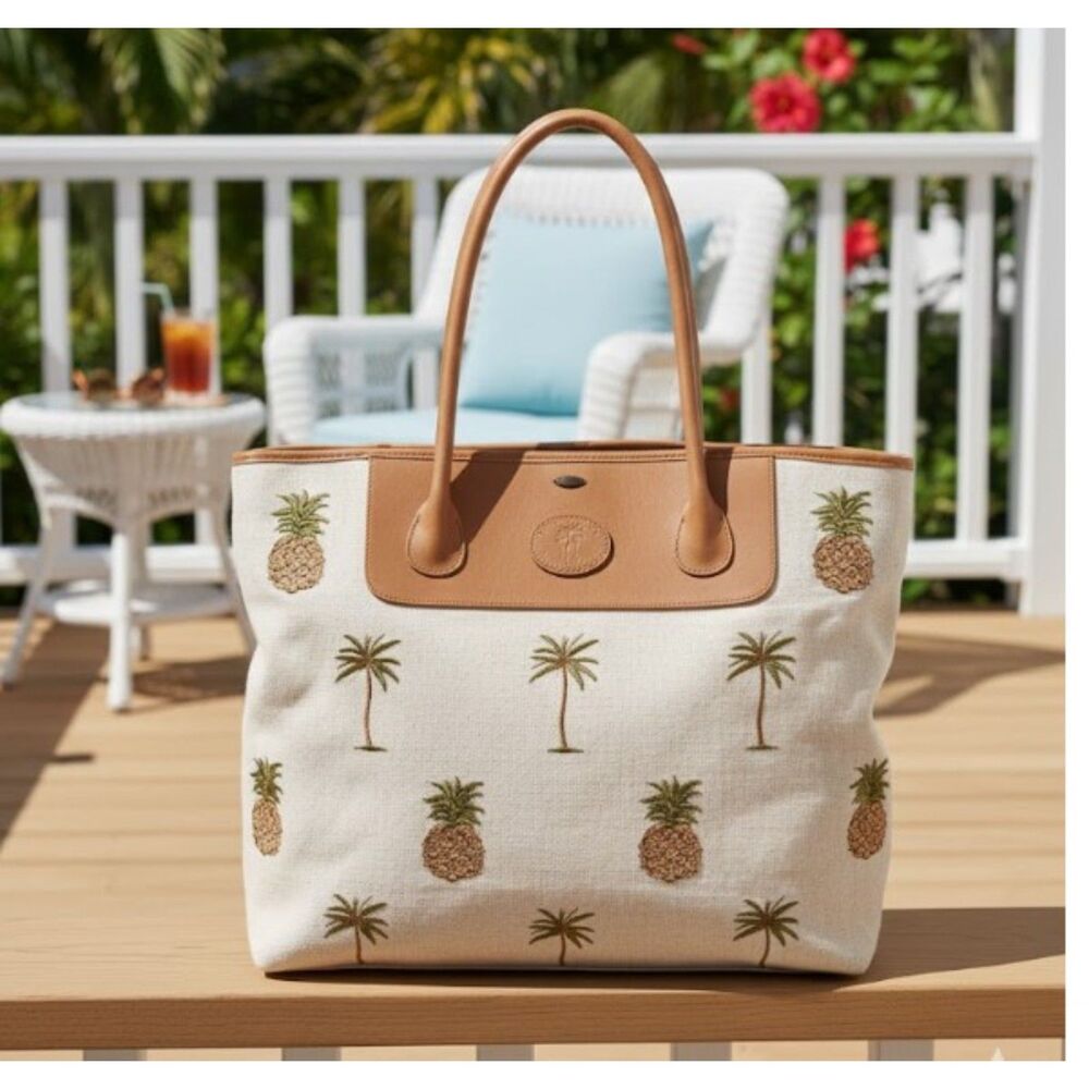 Scala Collezione Tote Bag Handcrafted Leather Canvas Palm Trees Shoulder Bag